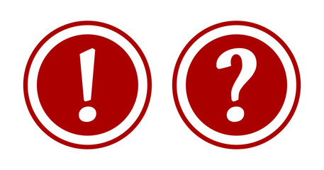Warning and Info Flat Round Icon Set with Exclamation Mark and Question Mark Symbol. Vector Image.