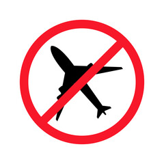 No aircraft vector flat illustration isolated on white background. Plane in crossed out circle. No fly sign, flight ban icon design. All travel flights prohibited due to Coronavirus Covid-19 outbreak.