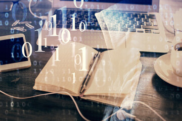 Multi exposure of data theme drawings and desk with open notebook background. Concept of education