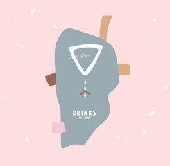Menu logo for the bar. Composition of abstract shapes on a delicate pink background. A stylized image of a glass for drinks. Hand drawn various shapes. Food, leisure, holiday and entertainment theme