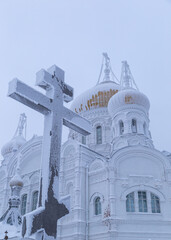 Belogorsk monastery on the mountain in winter, covered with white snow and frost. Belogorye, Perm Territory, Ural, Russia