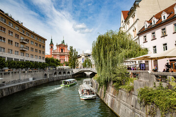 Beautiful canal in the city centre in Ljubljana, Slovenia