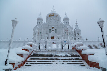 Belogorsk monastery on the mountain in winter, covered with white snow and frost. Belogorye, Perm Territory, Ural, Russia