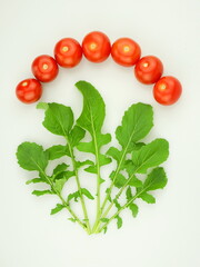 Frame from red cherry tomatoes and arugula. Healthy or diet food concept, food background. Top view, flat lay.	

