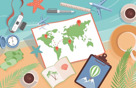 World map with location points and travel items vector flat illustration. Planning summer vacation, journey. Airplane, cash, camera, compass, sea and notes with palm tree and air balloon.
