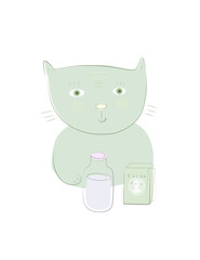 Introverted cute little cat kitten kitty relaxing, drinking hot chocolate. Happy pet baby animal character cocoa milk illustration portrait. Simple drawing. Social media Poster art print greeting card