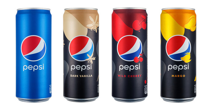 Moscow, Russia - April 13, 2021: Four Pepsi colored aluminum cans with different flavors in a row isolated on white background. Pepsi is popular refreshing carbonated soft drink produced by PepsiCo