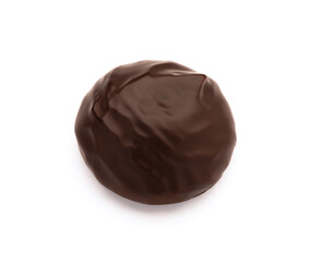 Top view of chocolate covered cookie isolated on white