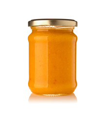 Orange jam jar glass isolated on white background