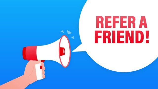Refer a friend megaphone yellow banner in 3D style on white background. Motion graphics.