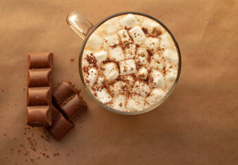 a cup of hot drink, with marshmallows, chocolate and cinnamon. 