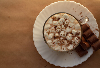 a cup of hot drink, with marshmallows, chocolate and cinnamon. 