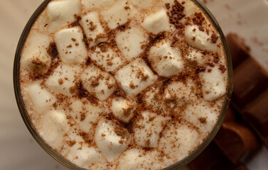 a cup of hot drink, with marshmallows, chocolate and cinnamon. 