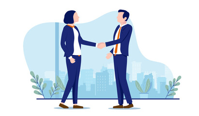 Businesswoman and businessman handshake - Two business people shaking hands in office. Deal, partnership, equality and agreement concept. Vector illustration on white background.