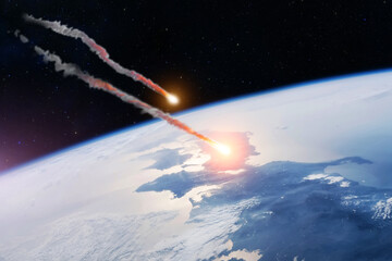 Meteorite entering the Earth's atmosphere and explosion, fragments burning with a plume of smoke....