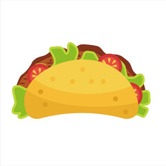 Vector illustration of taco. Sandwich with meat,  cheese and tomatos