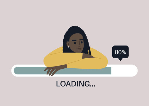 Young female Black character leaning on a progress bar, file uploading concept