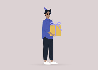A young male character carrying a gift box with a big bow, a party event
