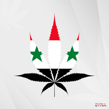 Flag of Syria in Marijuana leaf shape. The concept of legalization Cannabis in Syria.