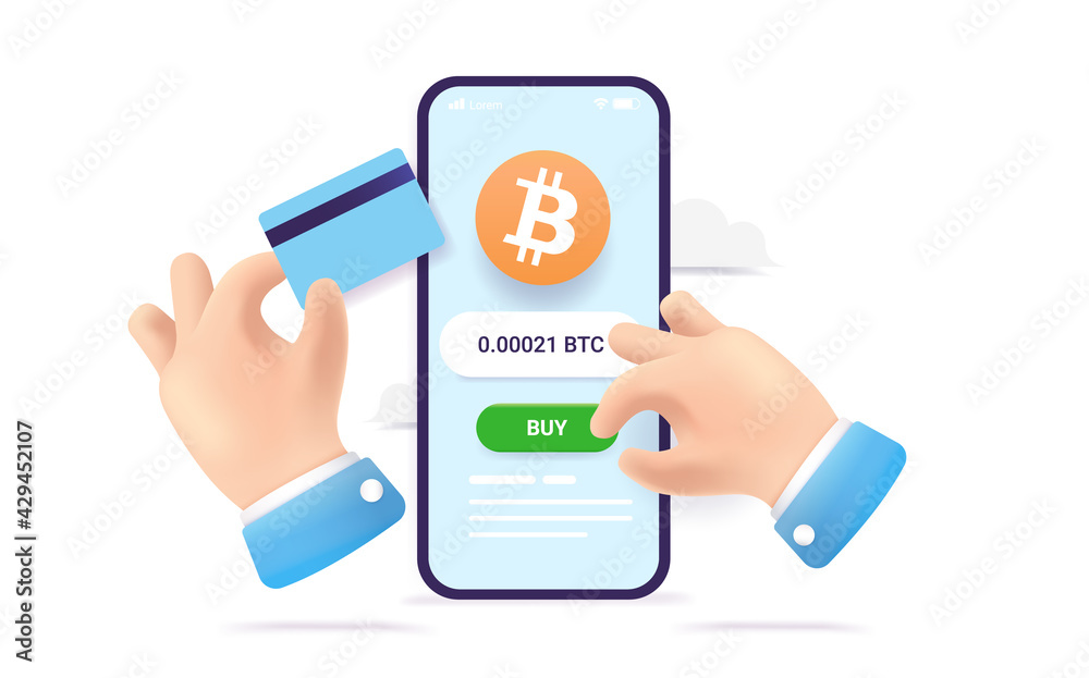 Poster buying bitcoin in app on smartphone - business hands purchasing crypto currency on mobile phone with