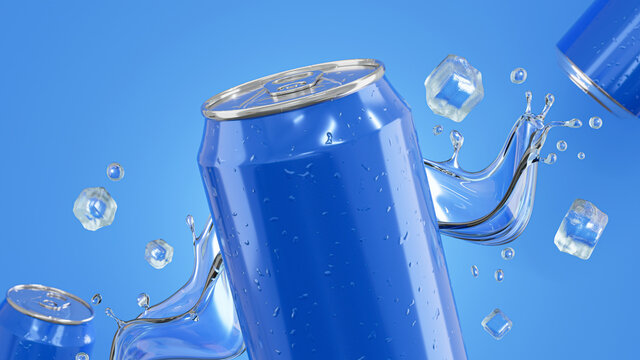 3d render of drink cans with water splashing for product display