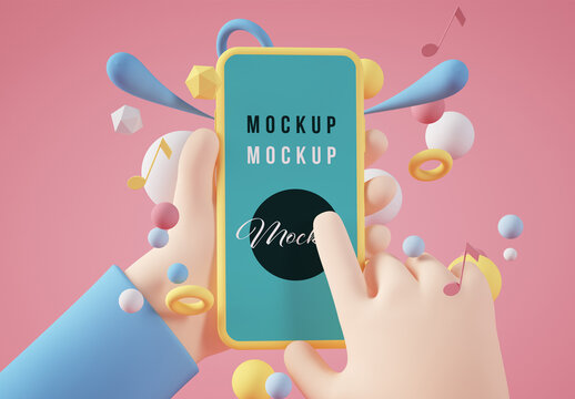 Cartoon Hand with Smartphone with Primitive Shapes Background on Pink Background Mockup