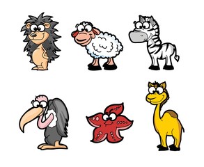 Collection of hipster cartoon character animals hedgehog, sheep, zebra, griffin, camel and starfish