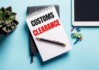On a light blue background, there is a potted plant, a tablet and a weekly with the text CUSTOMS CLEARANCE