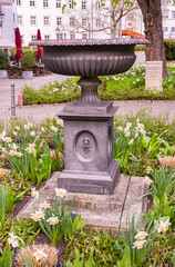 A neoclassical fountain designed by the famous Prussian builder Karl Friedrich Schinkel on Willy Brandt square in the city of Baden Baden. Baden Wuerttemberg, Germany, Europe