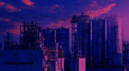 Oil and gas petrochemical industrial. Oil refinery petrochemical plant factory from Osaka chemical industry zone of Japan. Many oil storage tank and pipeline steel. Ecosystem healthy environment.