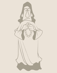 sketch drawing of a cartoon man standing in a mantle and a rosary in his hands