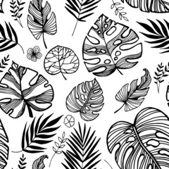 Fototapeta na wymiar Seamless pattern hand drawn tropical plants, leaf, leaves. In doodle style, black outline isolated on a white background. Design element for card, poster, social media banner, digital paper. Vector.