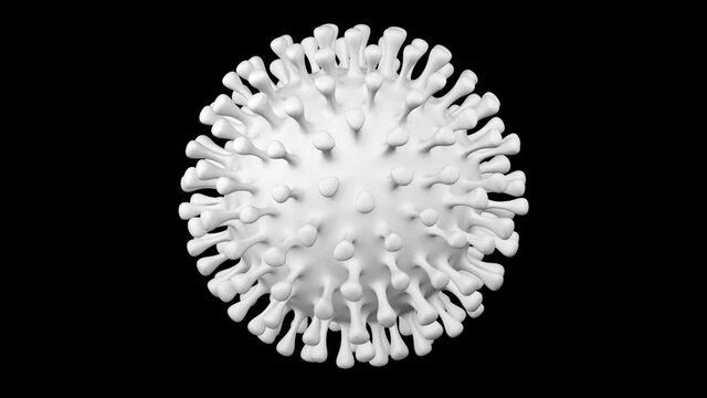 White coronavirus turn around on black background. Macro. Loopable. Luma matte. 3D rendering.