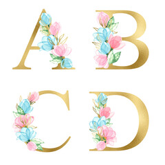 Watercolor Gold Floral Alphabet Set with pink and blue flowers with transparent petals. Floral letters. Wedding invitations, baby shower, sublimation design, birthday, other concept ideas.