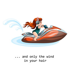 Vector image of a stylized little man rolling on a jet ski. Red-haired girl in a swimsuit. Concept. EPS 10