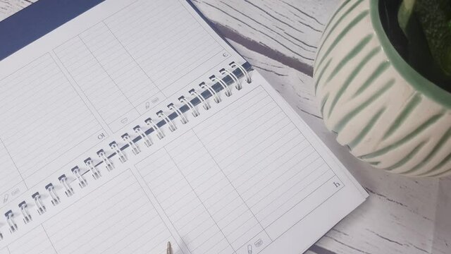4k video, blank planner diary for recording important tasks, on the desktop next to a succulent flower, slow motion camera top view, online report, flexible freelance work schedule