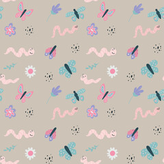 Kids Seamless pattern with cute butterflies, worms and flowers. Vector simple hand drawn illustration in cute scandinavian style