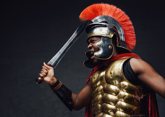 Furious and offensive roman warrior with sword