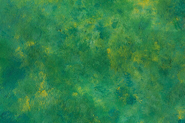 Fototapeta na wymiar Green color picturesque background with yellow spots with texture of hard brush strokes on oil paint