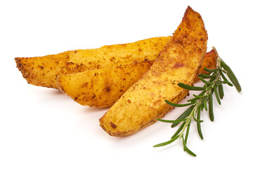 Homemade fried potato wedges, isolated on white background