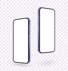 Realistic purple smartphone mockup, flying up 3d mobile device scene with empty screen. Two frameless modern phones set isolated for show ui and ux design app and website.