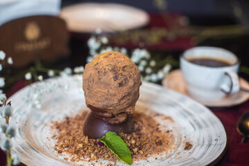 Chocolate sugar dessert in restaurant. Art food concept