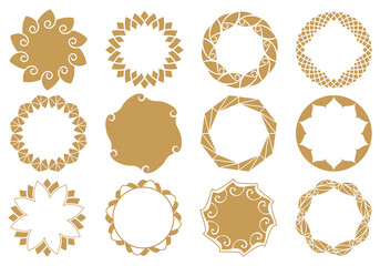 Set of decorative frames. Geometric gold ornaments. Round borders made of lines and decorative elements. Circle pattern. Design background for invitations and holiday cards.