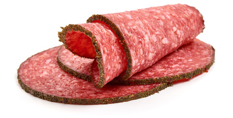 Salami sausage slices, isolated on white background. High resolution image