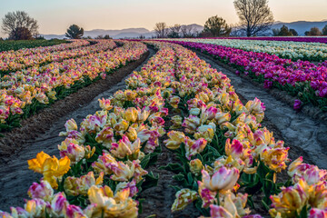 Champ de tulipes en Provence, France. Tulipes jaunes roses au premier plan. Tulipes perroquet au premier plan. Lever de soleil.	