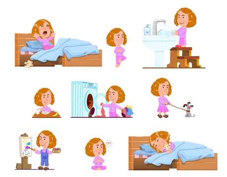 The girl yawns, getting up early, on one leg, washing her hands, painting a picture, washing clothes, sleeping, yoga. Cartoon character