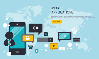 Mobile application and mobile app development concept. Project development and business ideas. Flat vector illustration.