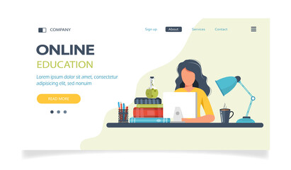 Concept illustration of online courses, distance studying, self education, digital library. E-learning banner. Online education. Vector illustration in flat style

