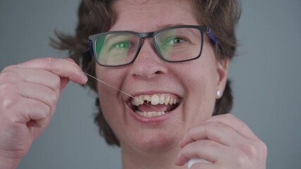 Adult woman with broken tooth uses dental floss. Importance of dental hygiene. Topic of care for cleanliness of oral cavity. Healthy and bad teeth. Dental care. Damaged tooth. Dental treatment