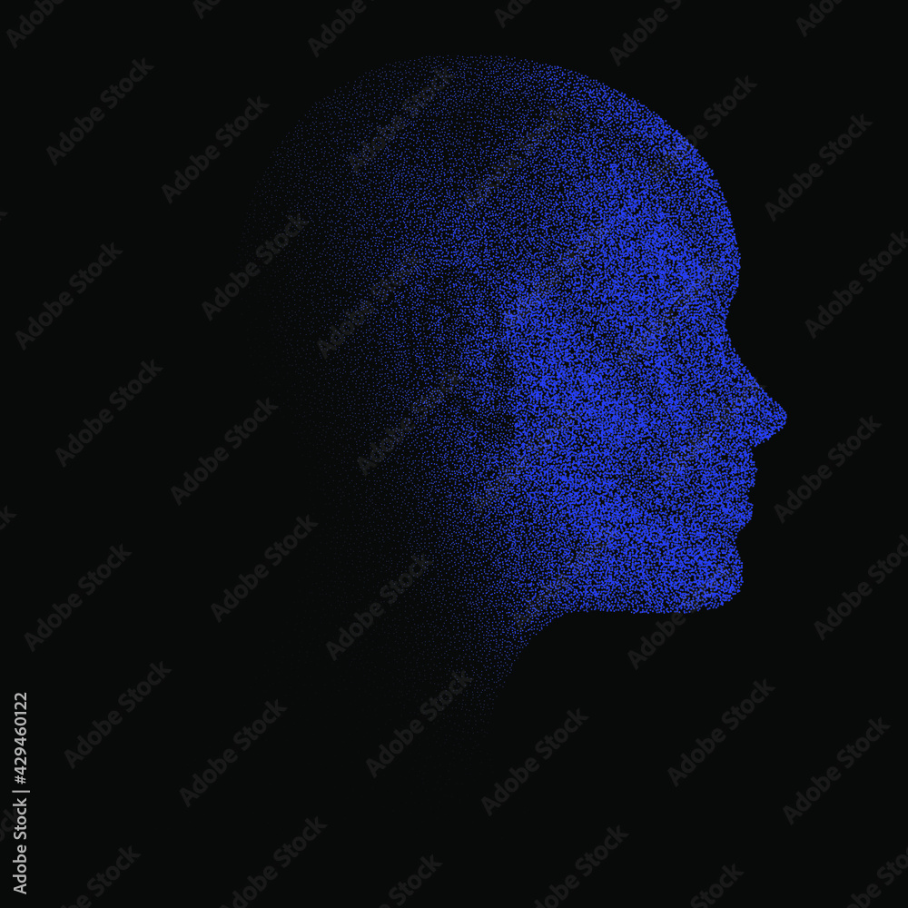Poster Silhouette of a 3d human head made of dots and particles. Concept of Artificial intelligence and Neural Network.